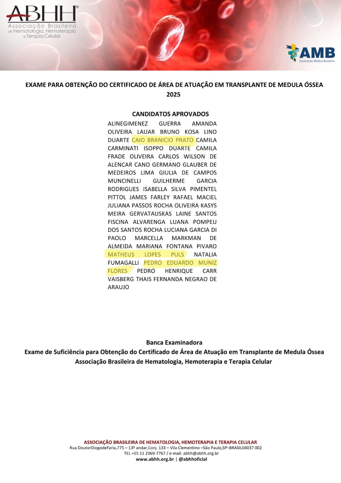 Parabenizamos nossos médicos pela aprovação no Título de Especialista em Transplante de Medula Óssea concedido pela ABHH/AMB.